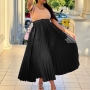 s-3xl plus size spring & summer new 4 colors non stretch adjustable buckle pleated stylish classic maxi skirt (with belt)_Black
