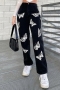 autumn new stylish 3 colors butterfly printing  zip-up pocket high waist casual jeans_Black