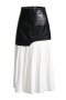 autumn new two colors pu stitching slight stretch high waist zip-up back pleated stylish high quality midi skirt_Black_White