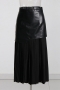 autumn new two colors pu stitching slight stretch high waist zip-up back pleated stylish high quality midi skirt_Black