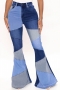 s-3xl plus size autumn new 3 colors contrast color patchwork slight stretch tied button zip-up pockets bell-bottomed jeans_Black_Blue