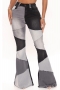 s-3xl plus size autumn new 3 colors contrast color patchwork slight stretch tied button zip-up pockets bell-bottomed jeans_Black