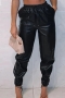 autumn & winter new two colors pu fabric slight stretch drawstring pocket stylish leather pants_Black