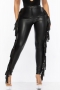 autumn & winter new two colors pu fabric slight stretch high waist tassel button zip-up pocket stylish tight faux leather pants_Black