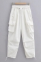 autumn new 5 colors non-stretch tatting high waist drawstring pocket button straight stylish all-match cargo pants_Black_White