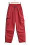 autumn new 5 colors non-stretch tatting high waist drawstring pocket button straight stylish all-match cargo pants_Black_White_Dark Green_Red