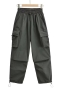 autumn new 5 colors non-stretch tatting high waist drawstring pocket button straight stylish all-match cargo pants_Black_White_Dark Green