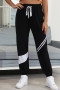 early autumn new contrast color patchwork slight stretch drawstring design lace up pockets stylish casual pants_Black