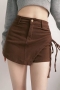 autumn 3 colors slight stretch high waist drawstring stylish denim skorts_Black_Brown