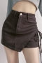 autumn 3 colors slight stretch high waist drawstring stylish denim skorts_Black_Brown_Dark Gray