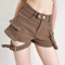 slight stretch 3 colors high waist metallic buckle stylish cargo denim shorts_Black_Brown_Khaki