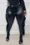 plus size 2 colors stretch pu leather high waist tassel stylish tight pants_Black