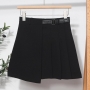 non-stretch simple solid color zip-up pleated high waist stylish skirt_Black