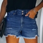 plus size slight stretch pocket zip-up hole high waist casual denim shorts_Black_Blue_Dark Blue
