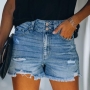 plus size slight stretch pocket zip-up hole high waist casual denim shorts_Black_Blue