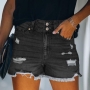 plus size slight stretch pocket zip-up hole high waist casual denim shorts_Black