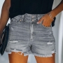 plus size slight stretch pocket zip-up hole high waist casual denim shorts_Black_Blue_Dark Blue_Gray