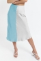 two colors colorblock slight stretch satin high waist zip-up stylish midi skirt_Sky Blue