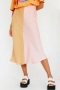 two colors colorblock slight stretch satin high waist zip-up stylish midi skirt_Sky Blue_Yellow