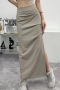 non-stretch solid zip-up slit high waist pleated stylish maxi skirt(with lined)_Black_Beige