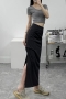 non-stretch solid zip-up slit high waist pleated stylish maxi skirt(with lined)_Black