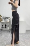 non-stretch solid zip-up slit high waist pleated stylish maxi skirt(with lined)_Black_Beige_Dark Gray
