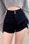 slight stretch 4 colors zip-up pocket high waist fashion denim shorts_Black