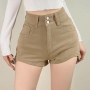 slight stretch 4 colors zip-up pocket high waist fashion denim shorts_Black_White_Dark Green_Khaki