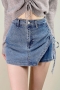 slight stretch 4 colors drawstring zip-up with lined stylish denim skort(size run small)_Black_Blue