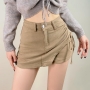 slight stretch 4 colors drawstring zip-up with lined stylish denim skort(size run small)_Black_Blue_Brown_Khaki