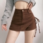 slight stretch 4 colors drawstring zip-up with lined stylish denim skort(size run small)_Black_Blue_Brown