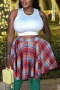 plus size slight stretch 4-colors plaid printing slit pocket casual mini skirt_Red