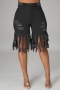 sexy slight stretch denim hole tassels decor high-waist shorts_Black
