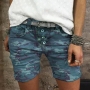 sexy high stretch plus size camouflage print single breasted slim denim shorts_Blue