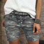 sexy high stretch plus size camouflage print single breasted slim denim shorts_Blue_Multicolor
