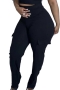 casual plus size slight stretch high waist pocket simple pants_Black