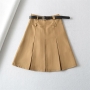 stylish 4 colors non-stretch size zip-up pleated mini skirt(with belt & lined)_Black_White_Gray_Khaki