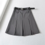 stylish 4 colors non-stretch size zip-up pleated mini skirt(with belt & lined)_Black_White_Gray