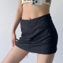 casual non-stretch solid color zip-up slim mini skirt size run small_Black