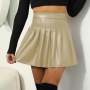stylish plus size 6 colors non-stretch pu high waist pleated mini skirt_Black_Rose Red_Dark Green_Dark Blue_Beige