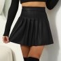 stylish plus size 6 colors non-stretch pu high waist pleated mini skirt_Black