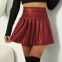 stylish plus size 6 colors non-stretch pu high waist pleated mini skirt_Black_Rose Red