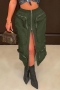 casual plus size non-stretch high-waist zip-up midi skirt_Dark Green