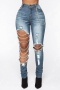 casual xs-3xl slight stretch chain decor ripped slim washed denim trousers_Sky Blue