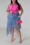 stylish plus size slight stretch tassel denim midi skirt(only skirt)_Black_Blue