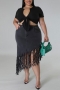 stylish plus size slight stretch tassel denim midi skirt(only skirt)_Black