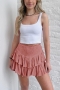 bohemian solid color slight stretch ruffle high waist lined mini skirt_Pink
