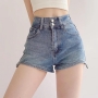 casual slight stretch two button high waist denim shorts size run small_Gray_Blue