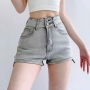 casual slight stretch two button high waist denim shorts size run small_Gray