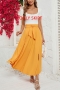 casual non-stretch solid color high-waist lace-up maxi skirt_Red_Yellow